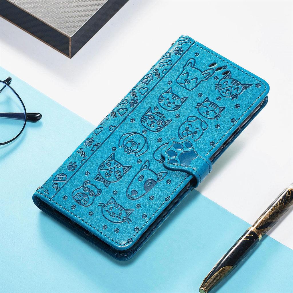 iPhone 16 Flip Leather Case - PU Embossed Cat Dog Design - Compatible with Apple 15