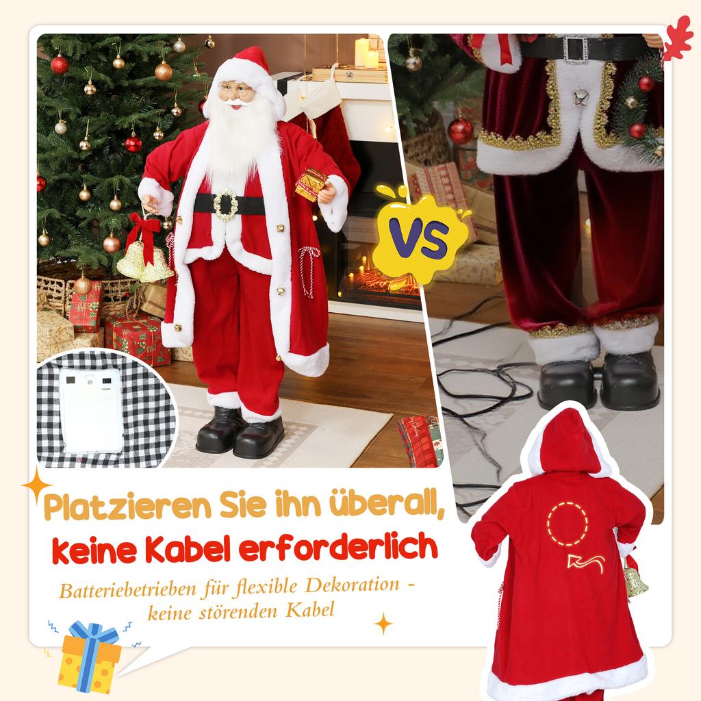 Standing Santa Claus, 1.15 m, with Gift and Christmas Bell, Indoor, Red