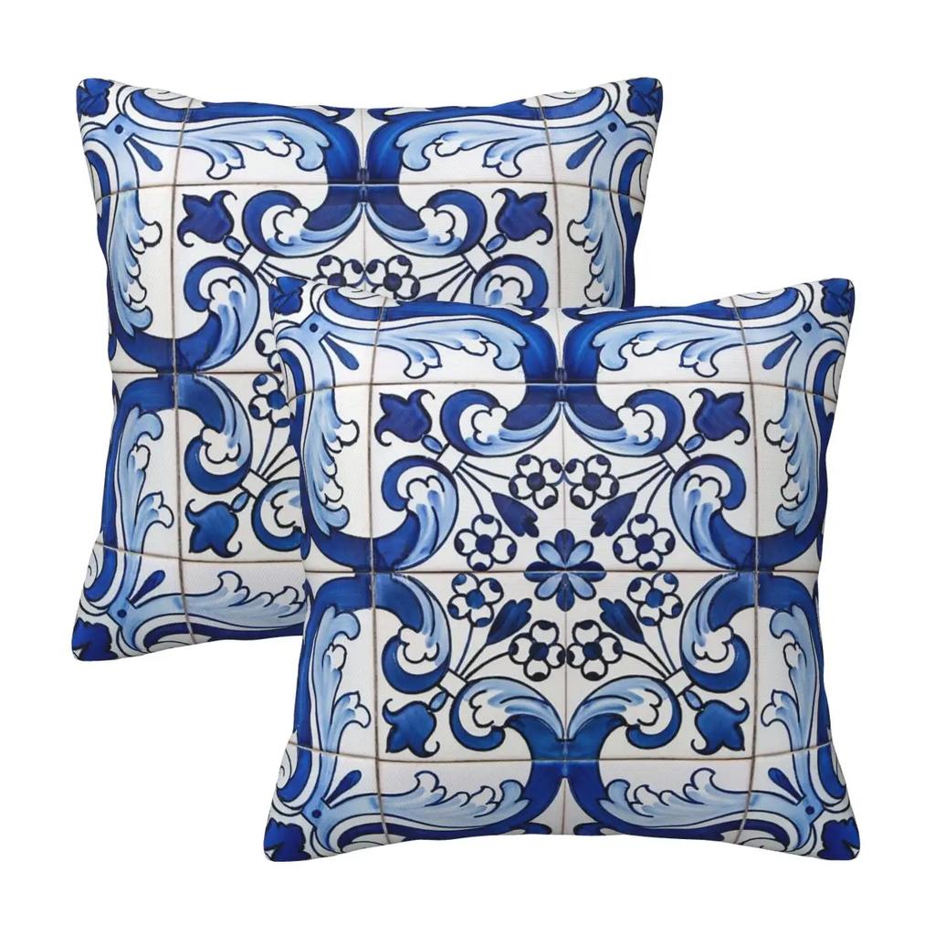 Set 2 Federe Quadrata Classica Antica Lisbona Blu Azulejo Piastrella Motivo Floreale Copricuscino Comfort Cuscino Decorativo Per Casa