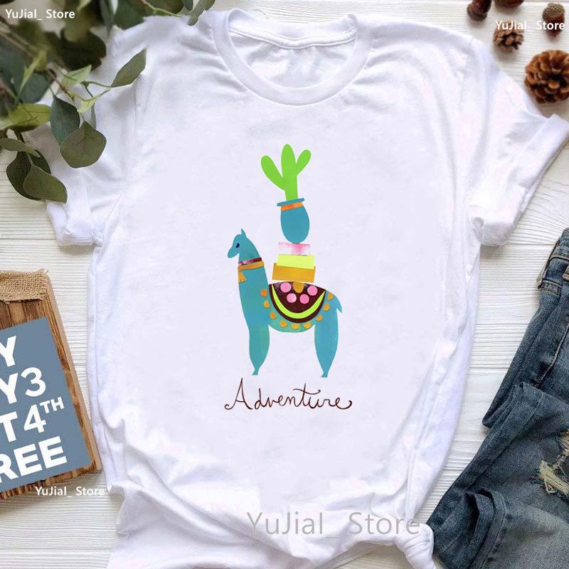 Kawaii Alpaca With Flowers And Coffee Print T Shirt Girls Summer Short Sleeve Tshirt Femme Fashion Tops Tee Shirt Female