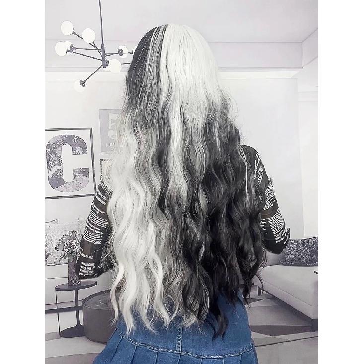 Long Wavy Ombre Black White Synthetic Wigs for Women Heat Resistant Natural Middle Part Cosplay Party Lolita Daily Hair Wigs