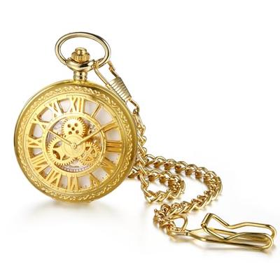 Antike Gold Skelett Automatische Taschenuhr: Römische Analoganzeige, Wasserdichte Anhängeruhr mit Kette, Gold - Perfektes Geschenk für Geburtstage, Jahrestage