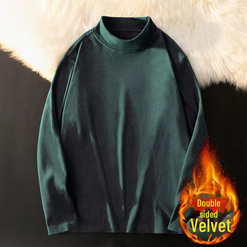 Men's German Velvet Half Turtleneck Long Sleeve Shirt - Solid Color, Thick Double-Sided Velvet, Warm Inner Wear for Autumn/Winter