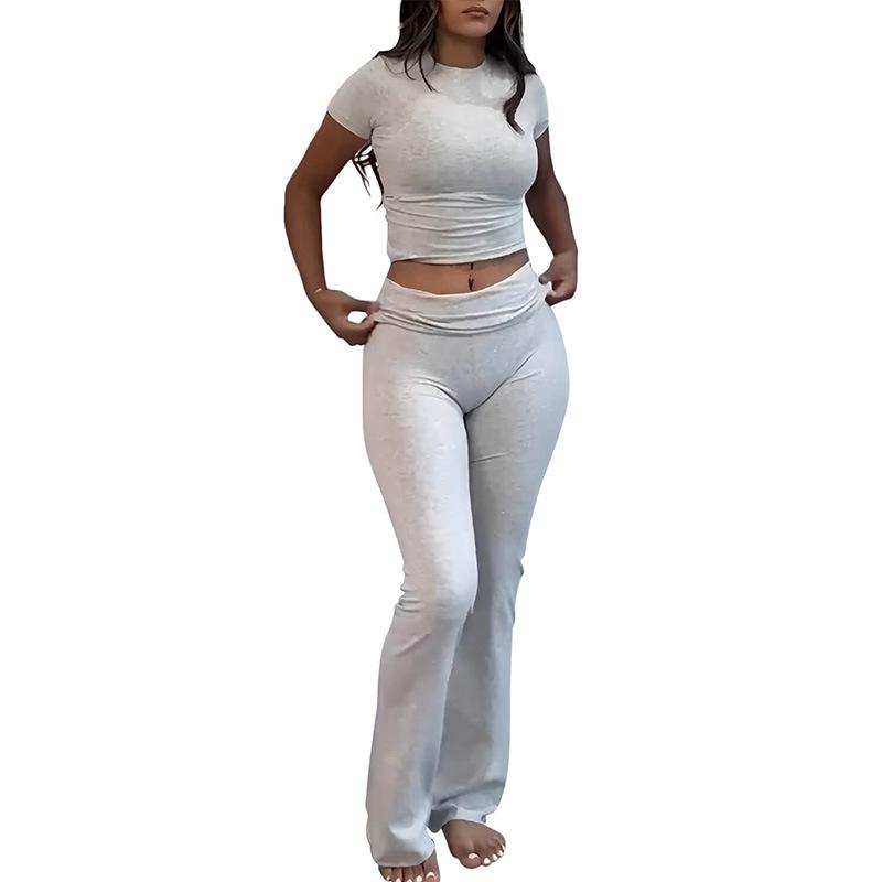 Women's Casual Workout Two-piece Set - Round Neck T-shirt & Low-waisted Flared Pants