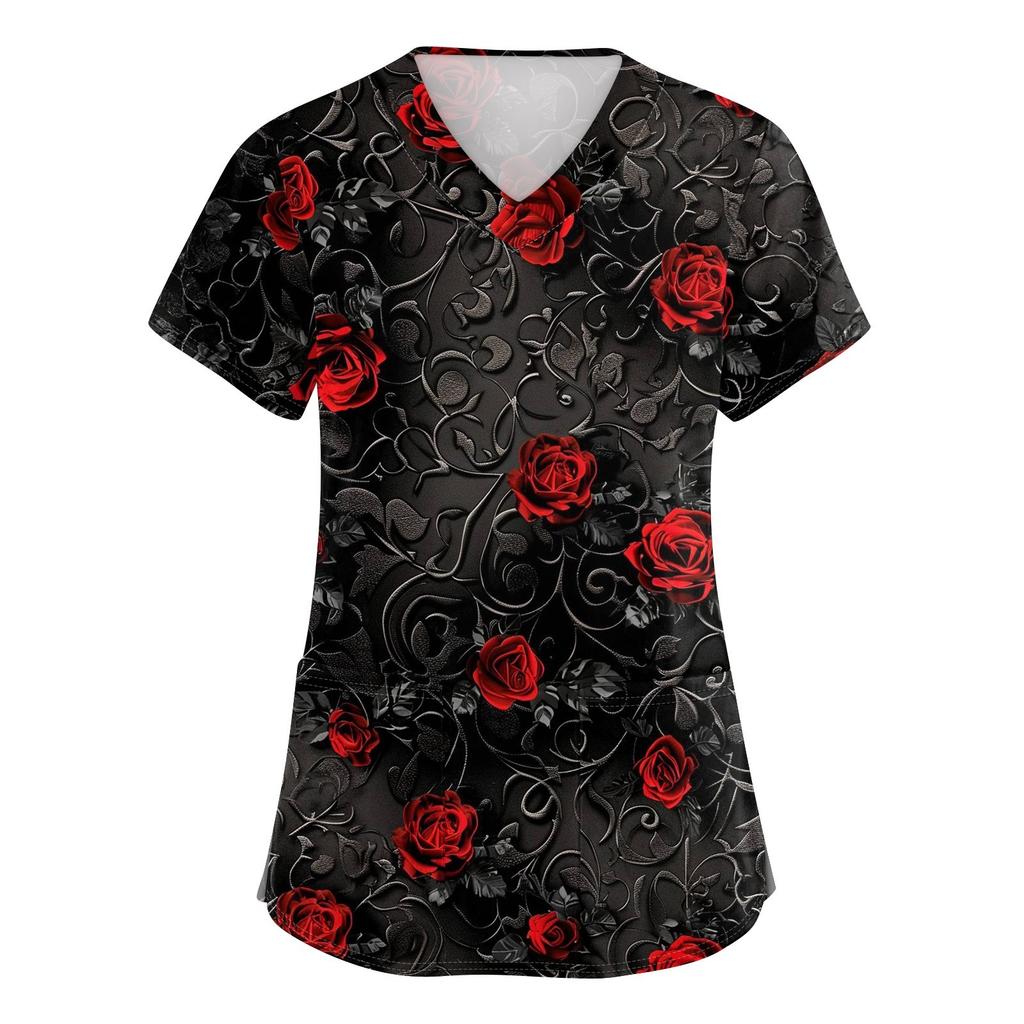 Women's V-neck Halloween Printed Short-sleeved Pocket Side-slit Protective Suit Top