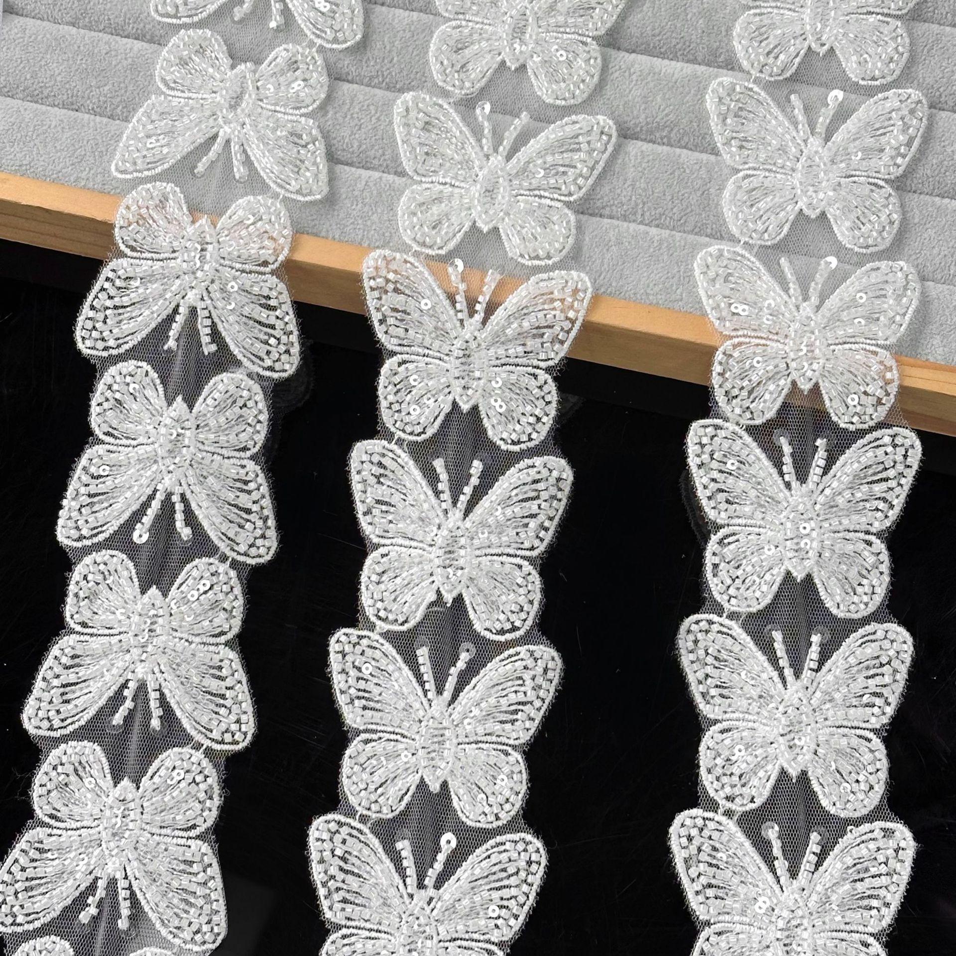 

White Butterfly Embroidery Hollow Bead Sequins Barcode Wedding Accessories Diy Headgear Dress Decorative Lace TW10 white size 16 flowers