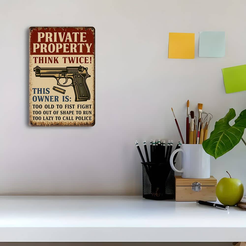 "Private Property Warning" retro metal sign, 12x8 inch.