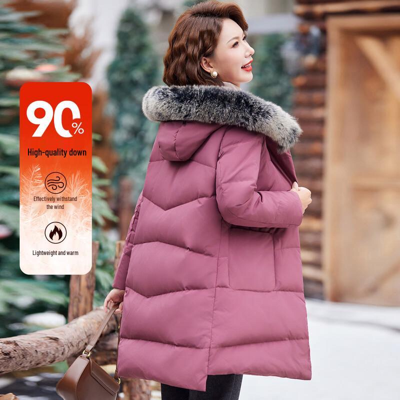 Pasite Women s Mid-Length Down Jacket with Fox Fur Collar L