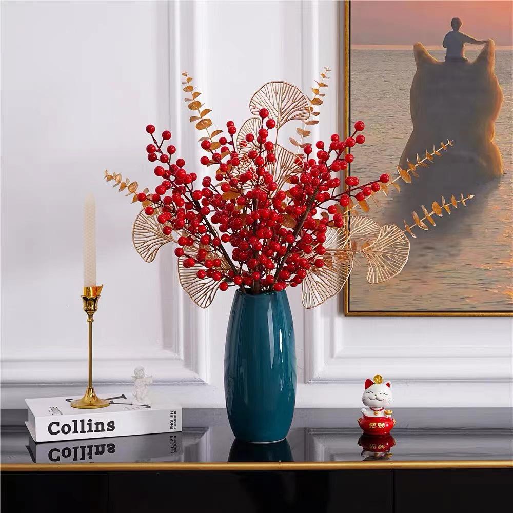 Red Holly Berry Faux Flower Fortune Bucket for New Year Home Decor