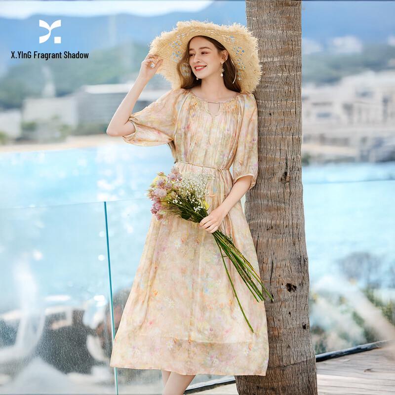 Xiangying French Floral Puff Sleeve Midi Dress S