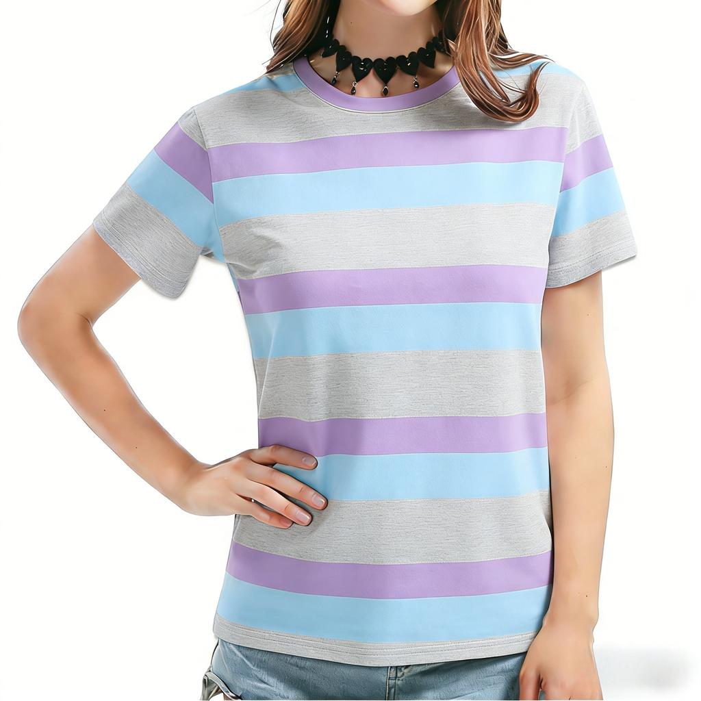2026 New Model Chic Color Contrast Striped T-Shirt, Women's Fashionable Casual Summer Basic Topv