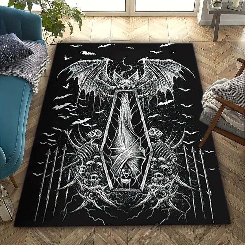 1PC Skull Dark Gothic Pattern Printed Carpet Rug for Living Room Bedroom Home Sofa Decoration,Non-slip Floor Mat Floor Mat