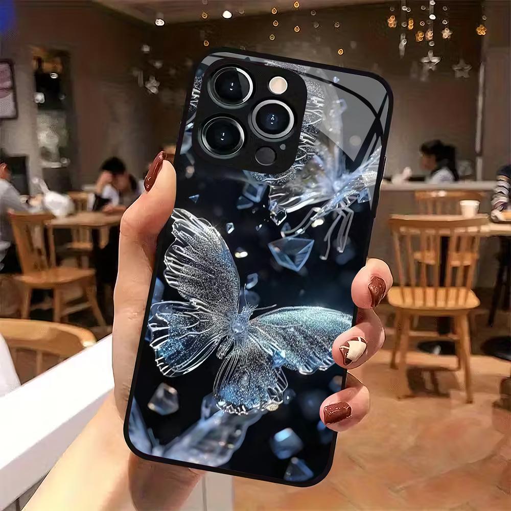 Diamant-Schmetterlingsmuster gehärtetes Glas Handyhülle geeignet für iPhone 17 16 15 14 13 12 11 Pro/Max/Plus Sturzfestes Rückcover