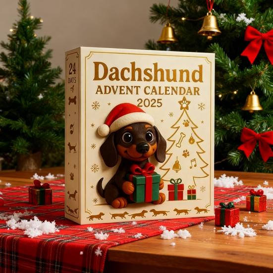 2025 Dackel Adventskalender 24-Tage Countdown-Kalender mit 3D Acrylornamenten Weihnachtsbaumdeko Einzigartiges Geschenk für Hundeliebhaber