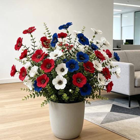 10 Pcs Artificial Fake Pansy Flowers for Outdoor Patriotic Red White Blue UV Resistant Faux Silk Flowers for 4th of July Front Door Porch Patio Window