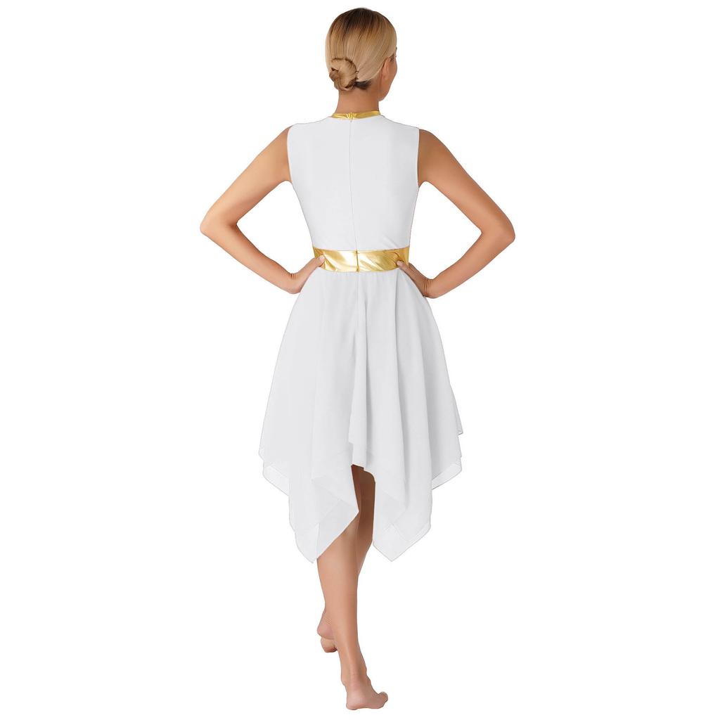 Womens Sleeveless Color Block Patchwork Dress Invisible Zipper Back Irregular Hem Lyrical Performance Dress
