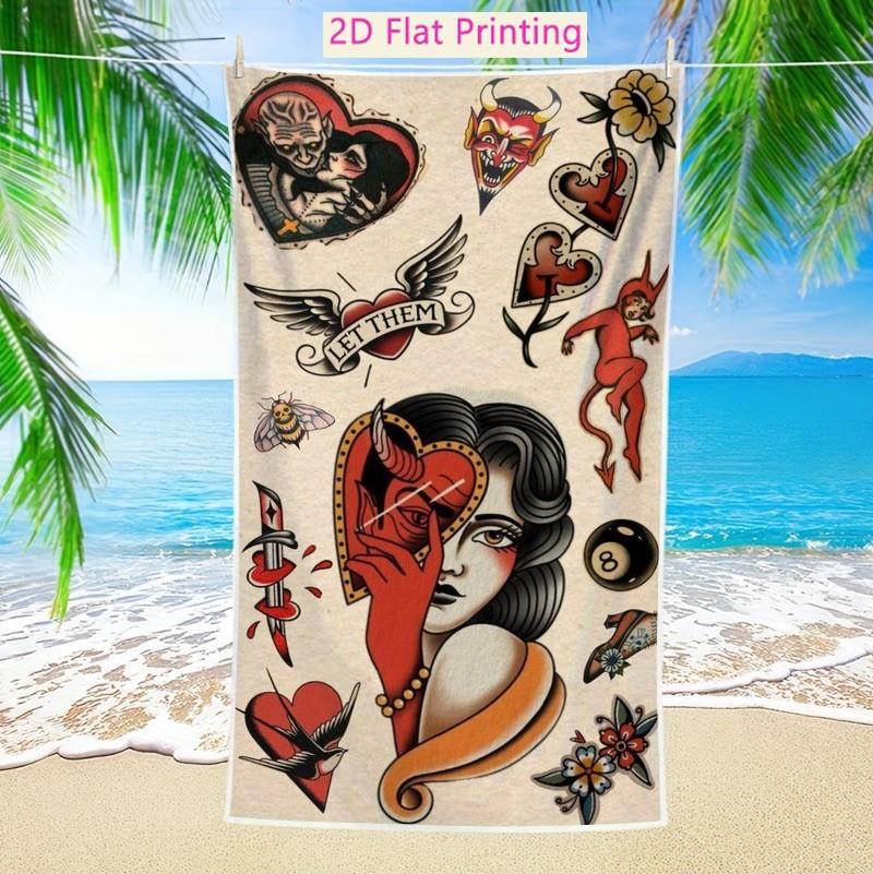 Vintage Tattoo Art Beach Towel 1Pc Microfiber Waterproof Sandproof 2D Flat Printed Summer Holiday Pool Sun Bath Towel