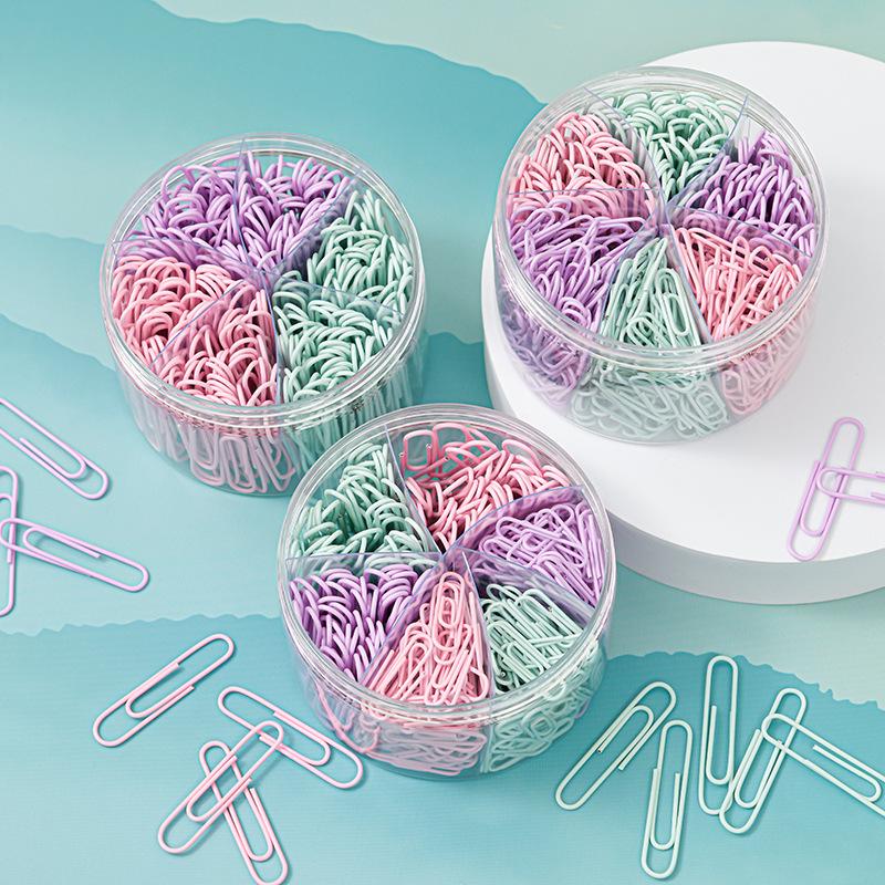 Colorful Multi-Size Paper Clips Set with Six-Grid Storage Barrel