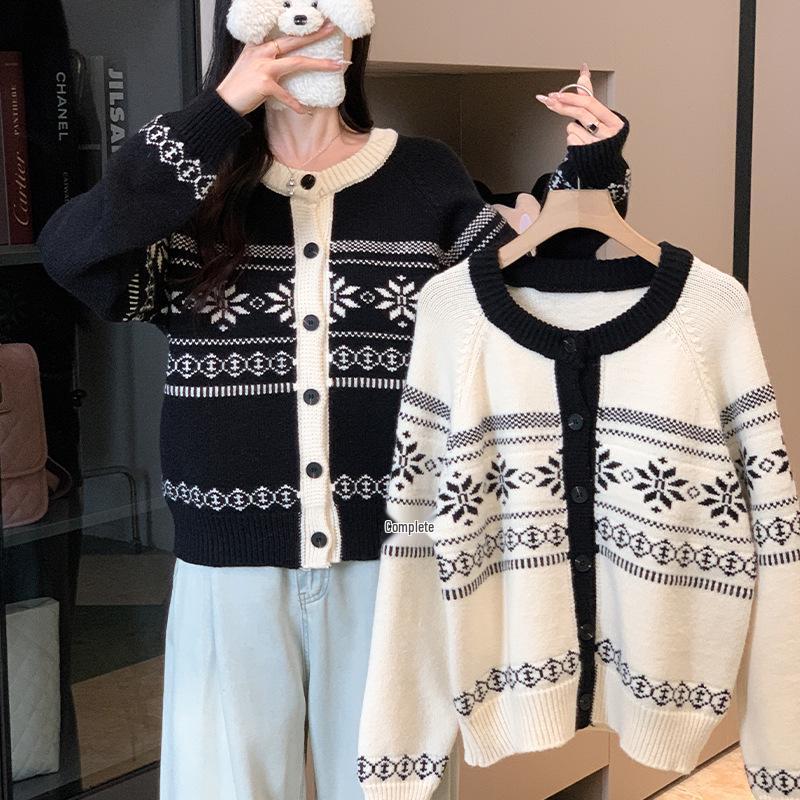 2025 Autumn/Winter Retro Color Block Fair Isle Loose Knit Sweater Cardigan for Women