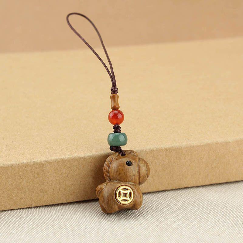 Chinese Style Sandalwood Horse Copper Coin Keychain & Phone Charm