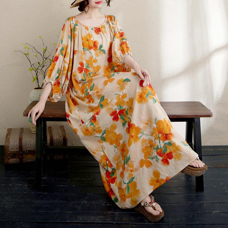 DIMANAF 2025 Summer Plus Size Dress Women Casual Vintage Floral Dress Basic Printing Long Beach Elegant Loose Dress