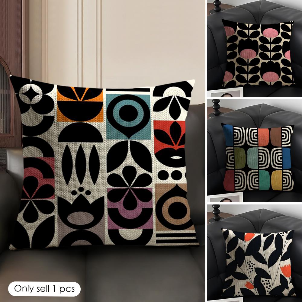 Black Geometric Pattern Cushion Cover Natural Linen Organic Fabric DoubleSided Printing Sofa Home Decor Gift Pillow Case