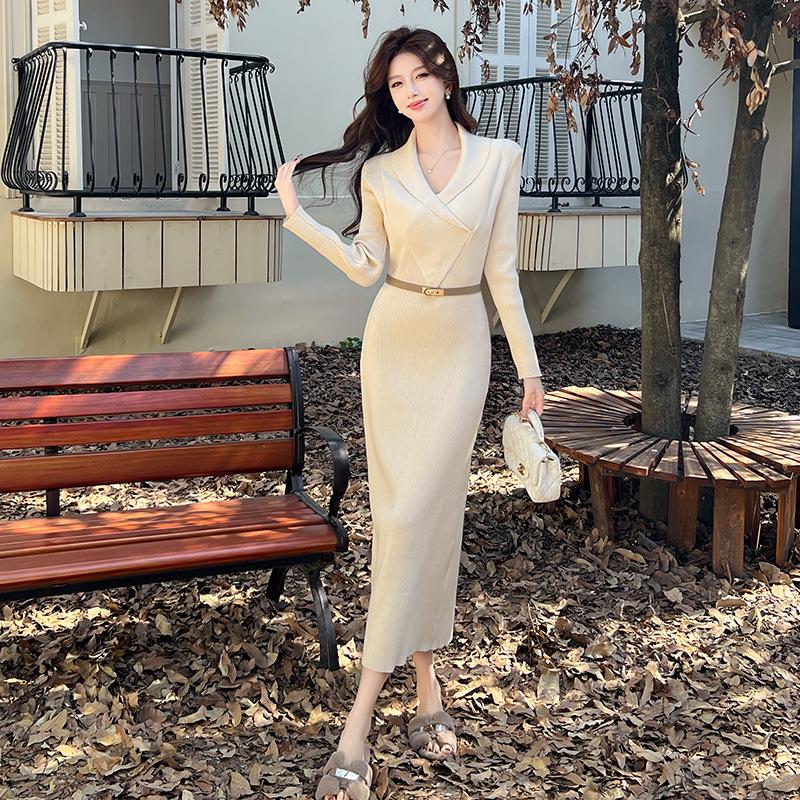 Elegant French Knit Bodycon Dress: Autumn/Winter Long Sleeve Wool with Lapel S