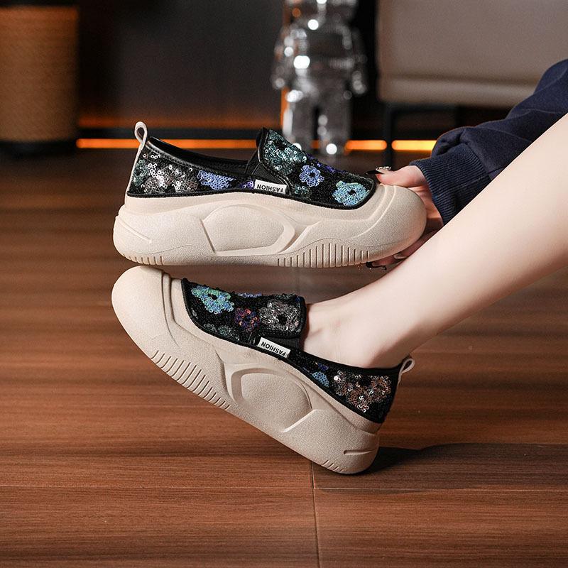 

Весенние новые повседневные спортивные туфли с толстой подошвой и мягкой подошвой в стиле ретро, универсальные женские туфли с пайетками 40