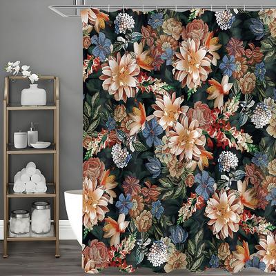 Duschdraperi med vårblommor, Dekorativt duschdraperi för badrum, Vattentätt duschdraperi med krokar