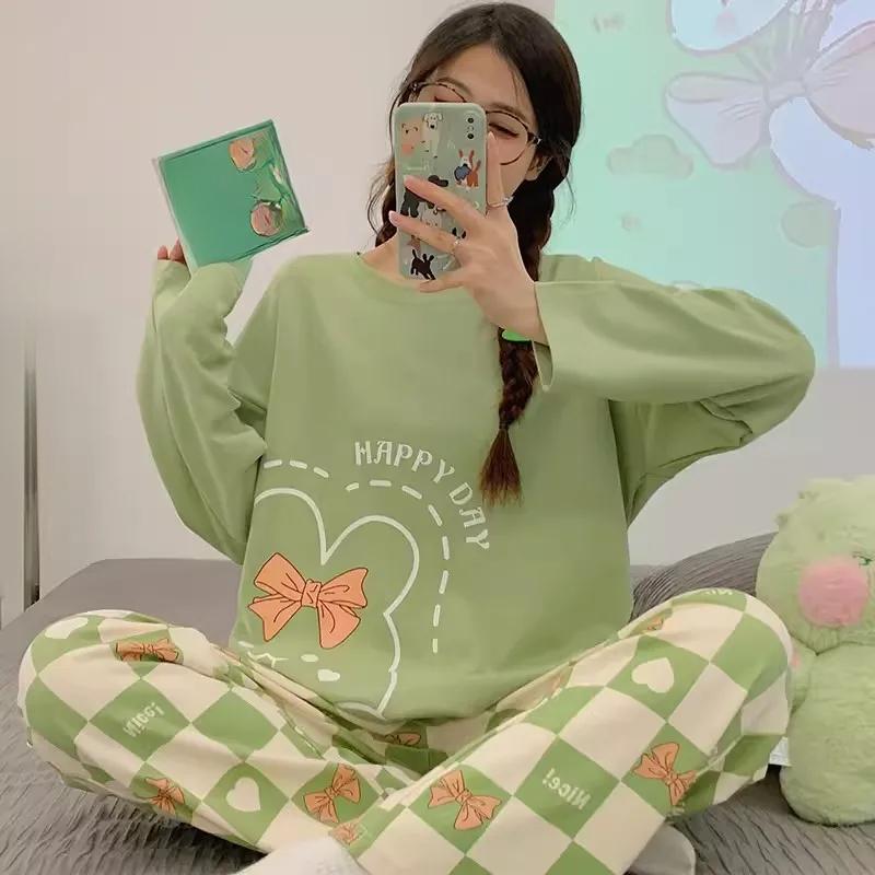 

Осенние и зимние модели женских пижам с длинными рукавами, домашняя одежда, корейская версия простой пижамы для отдыха, домашняя одежда 5XL зелёный