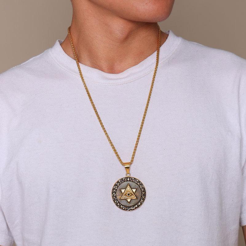 Goldfarbener runder Anhänger Auge Gottes Halskette für Männer Frauen Hip Hop Stil Vintage Edelstahl Halskette Modeschmuck Geschenk