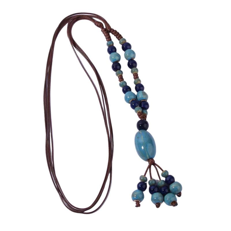 Unique Vintage Longline Necklace, Adjustable Folk Style Jewelry with Handwoven Ceramic Pendant for Women Versatile Accessory