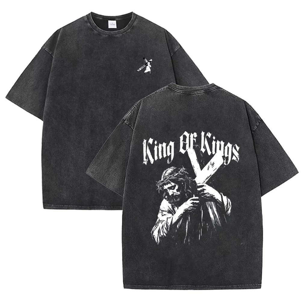 2026 Vintage Gothic King Of Kings Jesus Cross Graphic Black Acid Washed T Shirt Religious Faith Front Back Print Oversized Unise