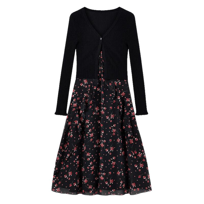 

Elegant Floral Knit V-Neck Two-Piece Set M