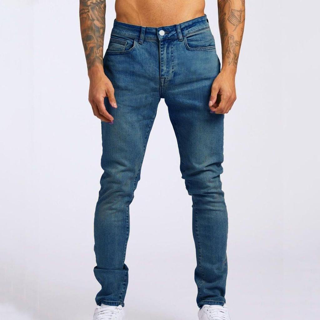 Fashion Men's Casual Stretchy Pleated Jeans Slim Fit Denim Pants