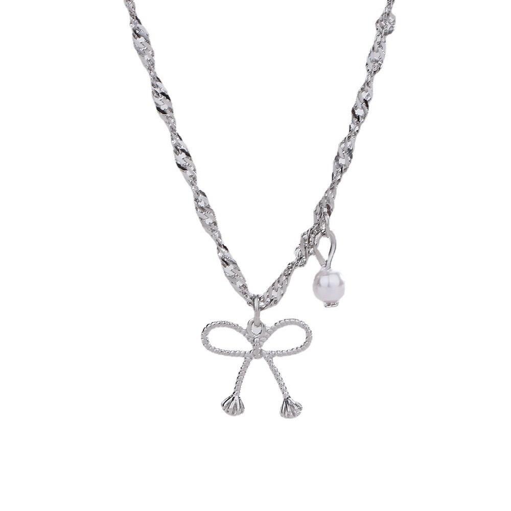 Hollow Pearl Bow Necklace Same Collarbone Chain Glitter Water Wave Chain Sweater Chain