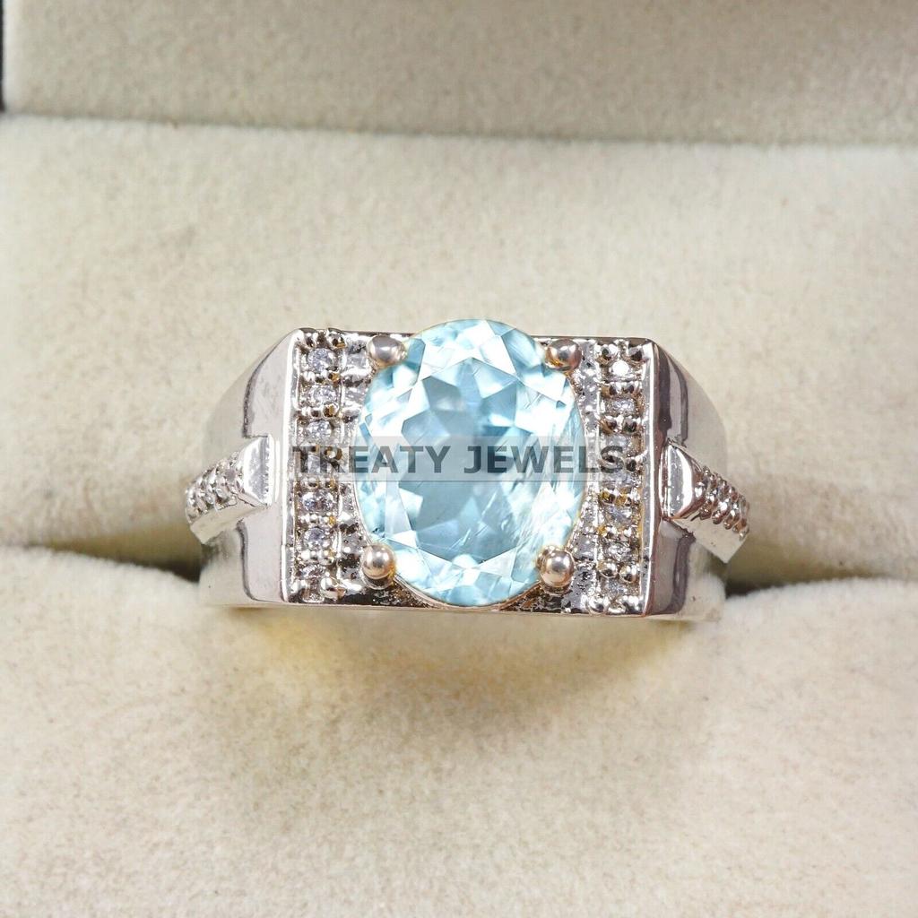 Aquamarine Oval Cut Gemstone With 925 Sterling Silver Ring For Men's #A771 JL375659124900