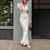 women's Ditsy Floral Print Cutout Stand Collar Puff Short Sleeve High Waist Bodycon Mermaid Maxi Dress Elegant Party Long Dress