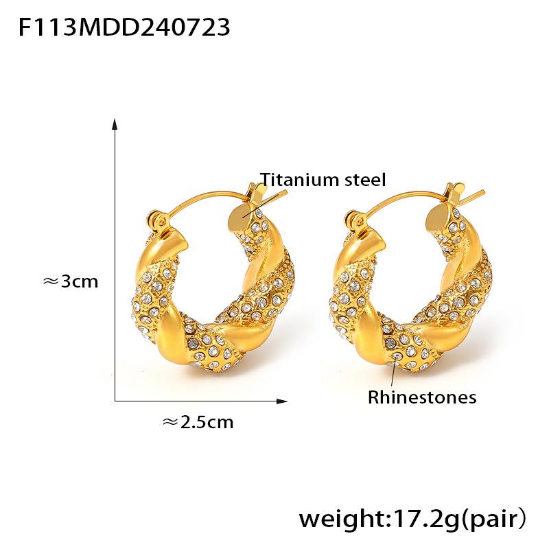 Wind New Inlaid White, Green and Black Diamonds Twisted Shape Earrings Temperament Personalized Design Titanium Steel Plated 18k Real Gold Women