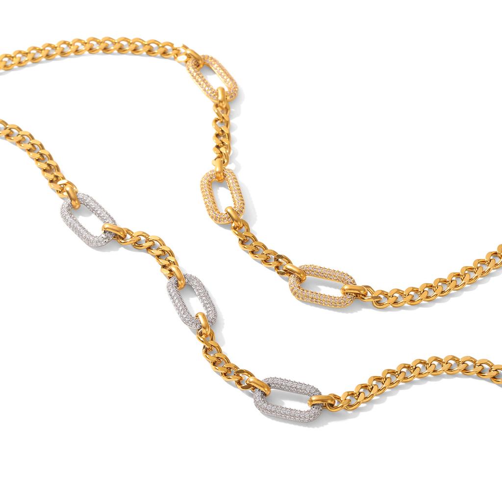 Titanium steel neck chain fully paved with diamond zircons, high-end color-block stainless steel Cuban link necklace