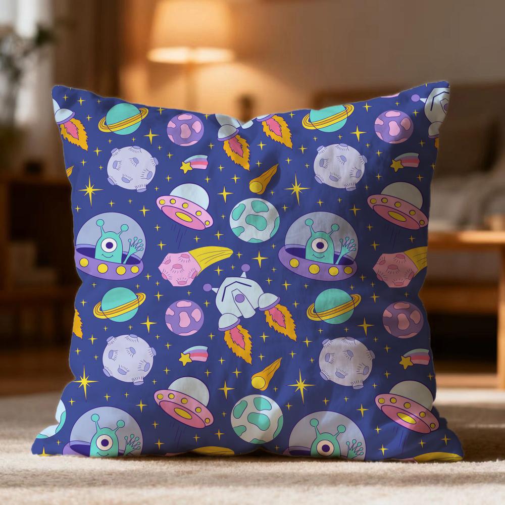 Fashion O-Oouter Space Cartooned Cushion Cover Soft Washable Pillow Case Multi-Scene for Couch Bed Travel Office Use