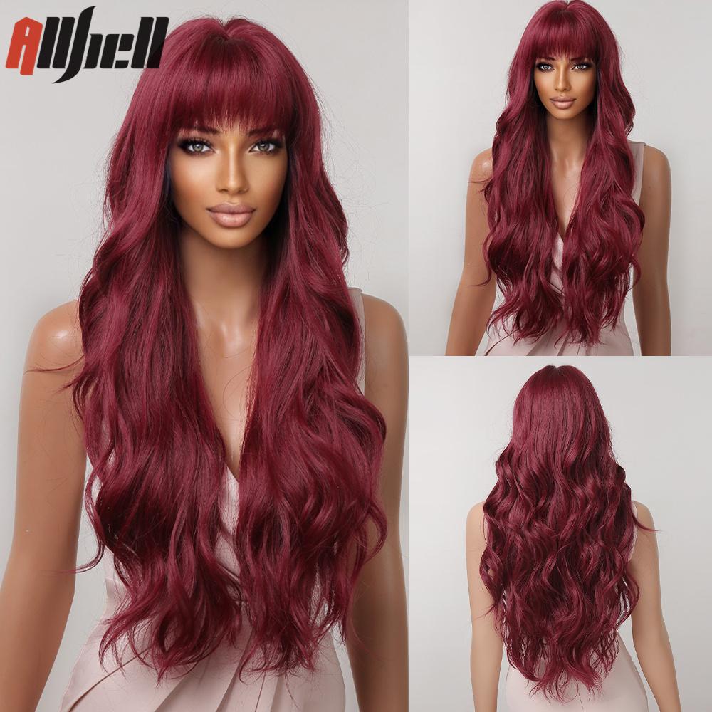 Long Wave Synthetic Wigs With Black Bangs Body Wavy Natural Black Hair Wig Heat Resistant for Women Daily Halloween Cosplay Use