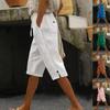Pantaloni Capri da Donna in Cotone e Lino Monocolore, Vestibilità Larga, Cintura Davanti e Dietro, Tasche Multiple
