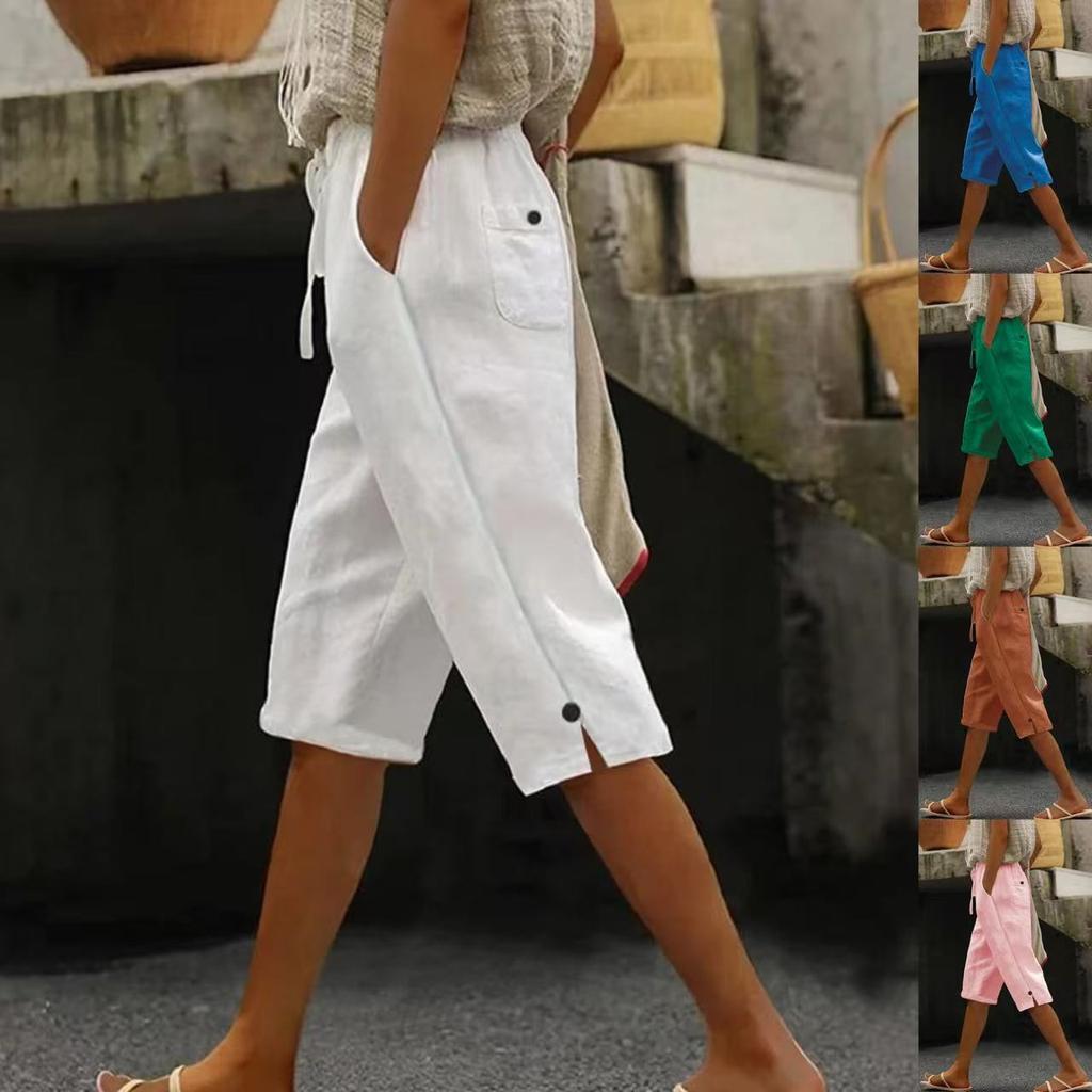 Pantaloni Capri da Donna in Cotone e Lino Monocolore, Vestibilità Larga, Cintura Davanti e Dietro, Tasche Multiple