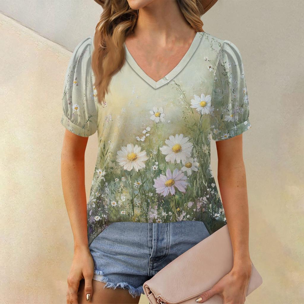 Damenmode Blumendruck Top Puff Kurzarm V-Ausschnitt T-Shirt Lose Casual T-Shirt