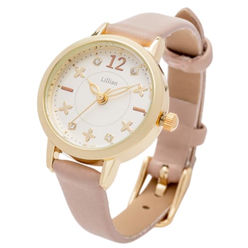 Fieldwork Women's Analog Watch with Leather Strap and Stone Dial, Flower Design, White, Pink Gray, JN031-3