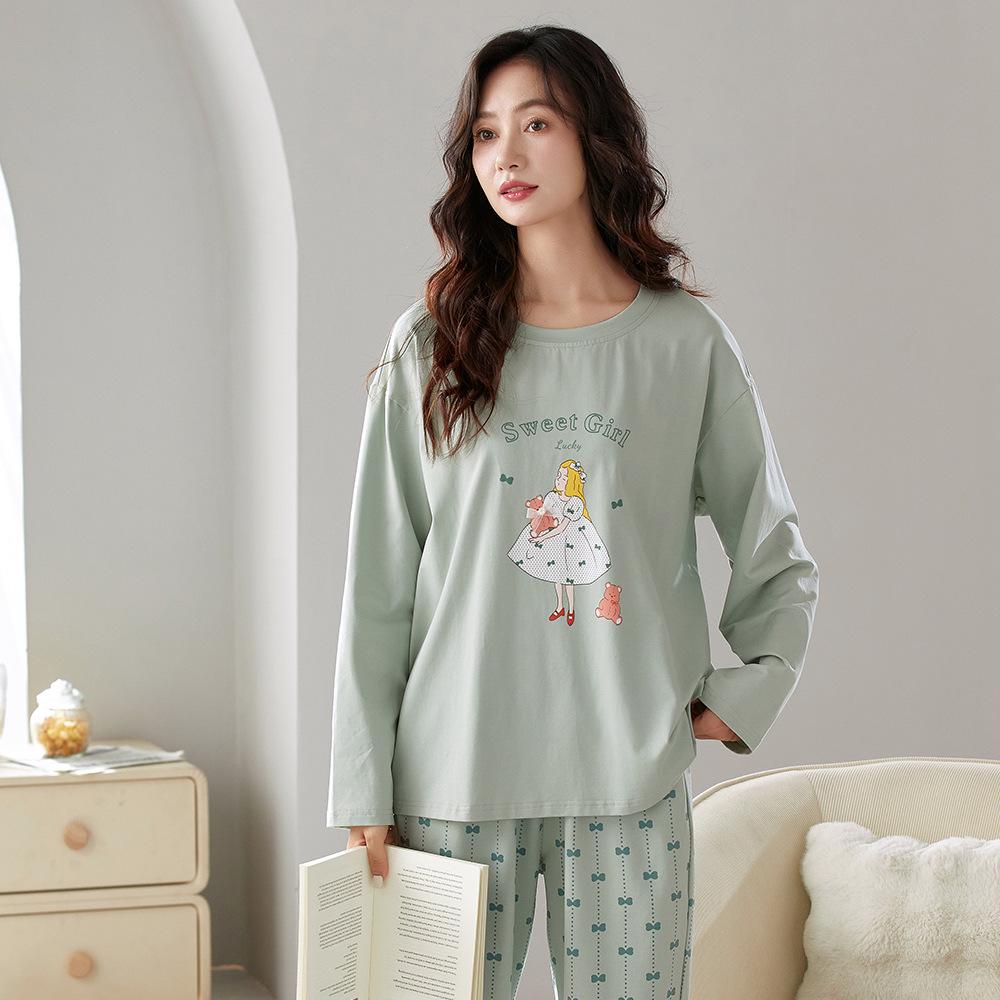 Damen Herbst Anime Pyjama Set: Langärmeliges Lycra-Baumwoll-Top und Hose