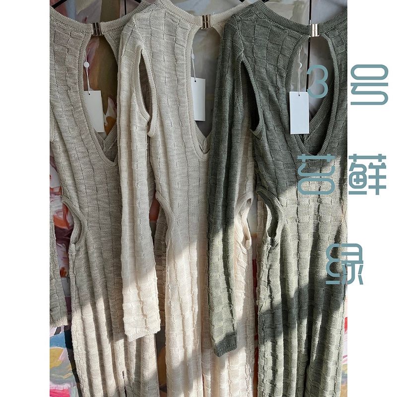 

Foreign Trade Original Order RUV * E Seyu Jumpsuit Super Trousers Hollow Knitted Stretch Shaping Long sleeve One-Piece Wide Leg Pants Moss Green No. 2 S