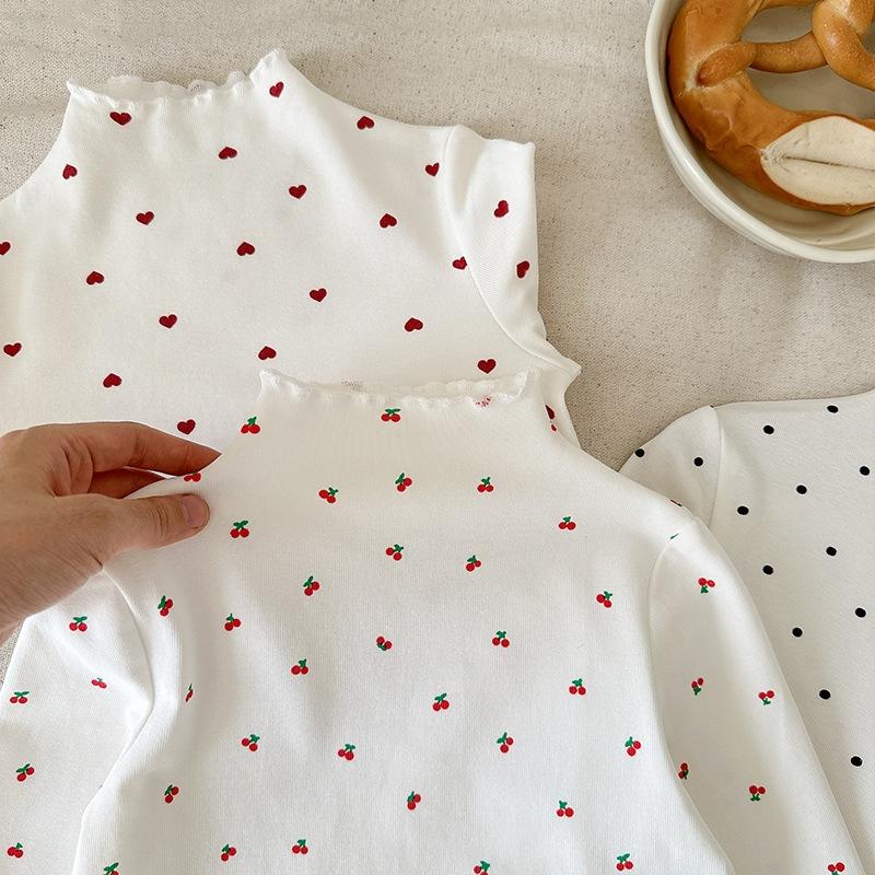 Children Girls Long-sleeved T-shirts Autumn Dot Print Infant Babys Girl Tops Turtleneck Bow Flower Toddler Kids Girls Undershirt