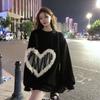 Women Korean Style Casual 3D Mesh Splicing Hoodie Heart Round Neck Long Sleeve Loose Pullover Sweatshirts Autumn Tops
